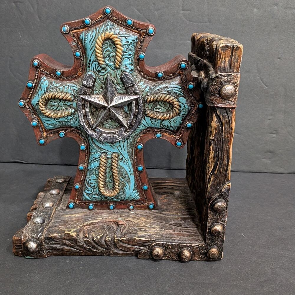 Western Cross Bookend Faux Turquoise Tooled Leather Horseshoe Star Rustic Decor